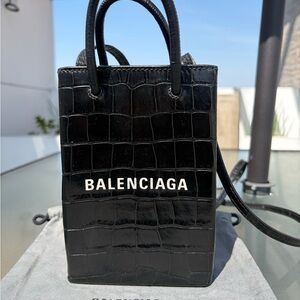 Balenciaga Black Croc-Embossed Mini Tote with White Logo